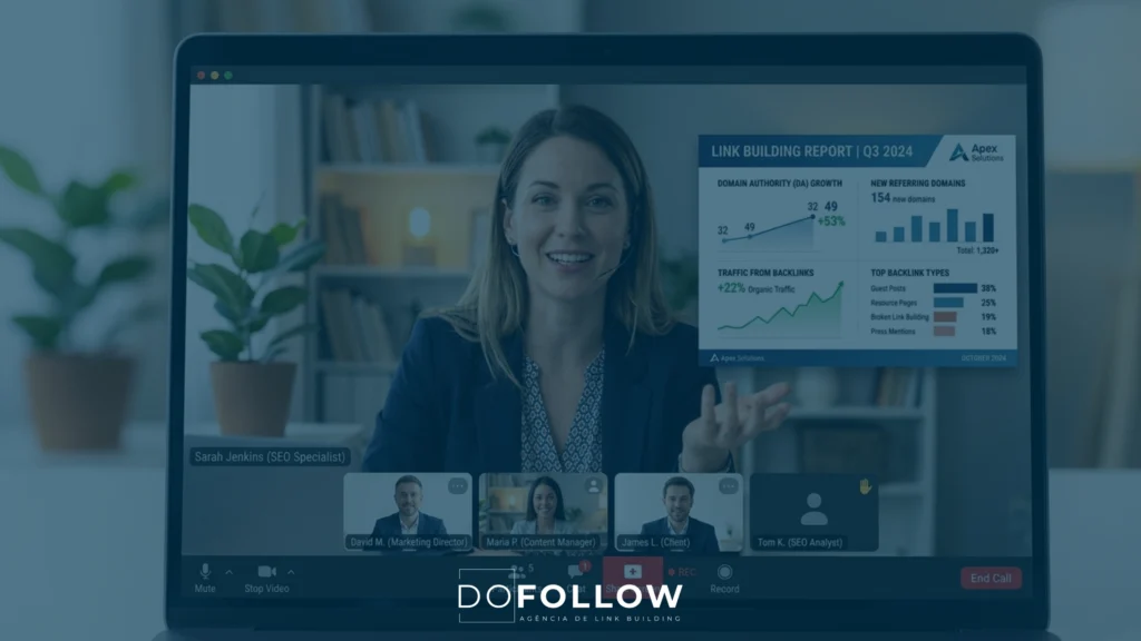 profissional de SEO apresentando relatório de link building em vídeo chamada